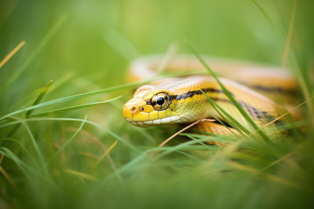 Serpiente de jarreta brillante recién derramada en la hierba
