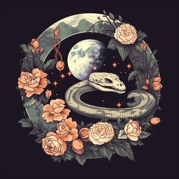 una serpiente con una luna en el fondo y flores a su alrededor generativo ai