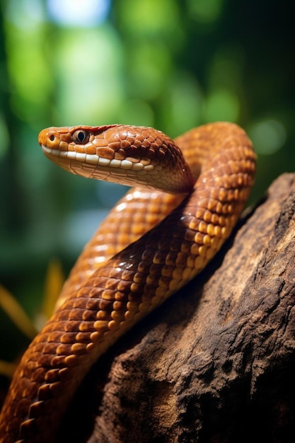 Foto una serpiente marrón con una franja blanca en su cabeza está sentada en una rama