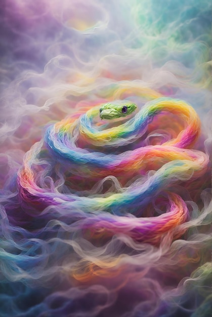 serpiente mítica rodeada de humo brumoso del arco iris