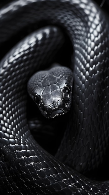 Foto serpiente negra aislada sobre un fondo negro