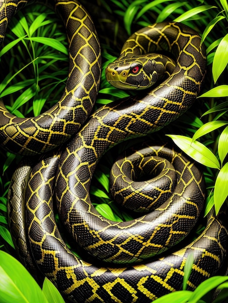 Foto una serpiente negra y amarilla está enroscada en la hierba.