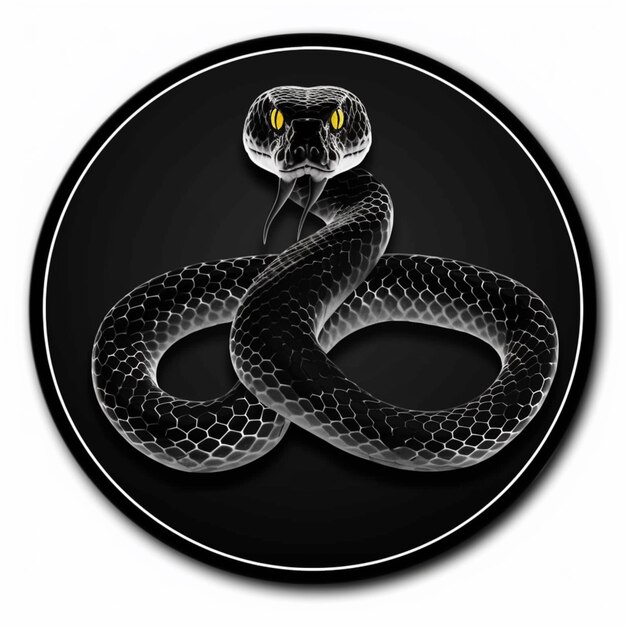 Foto una serpiente negra y blanca con ojos amarillos en un fondo negro generativo ai