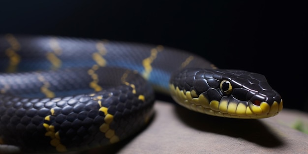 Una serpiente negra con rayas amarillas y azules en la cara.