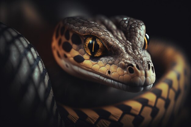 Una serpiente con un ojo amarillo se sienta en una habitación oscura.