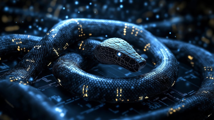 Foto una serpiente de ojos azules brillantes enrollada en una placa de circuitos futurista