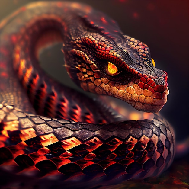 Una serpiente con ojos naranjas está acurrucada sobre un fondo oscuro.