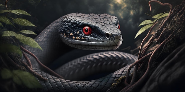 Una serpiente con ojos rojos y cabeza negra con una cara azul y una hoja verde en la parte inferior.