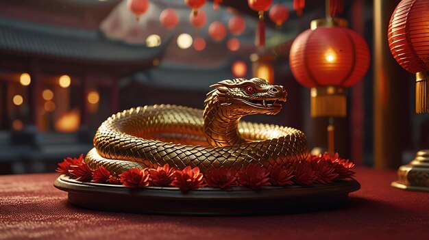 una serpiente de oro con linternas rojas y linternas rojizas