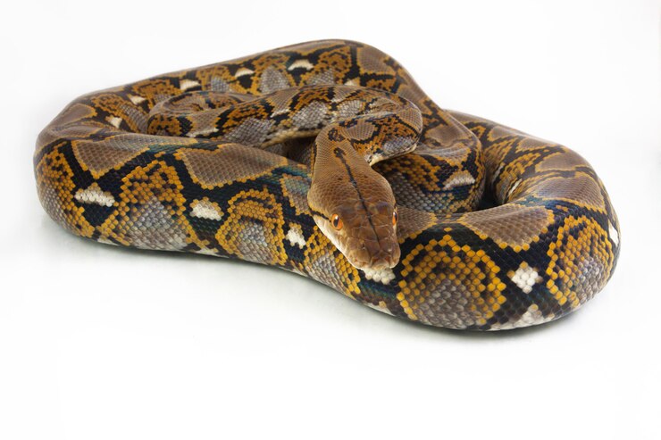 Foto serpiente pitón reticulada aislado sobre fondo blanco.