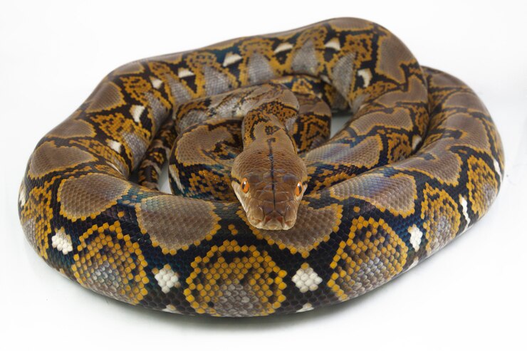 Foto serpiente pitón reticulada aislado sobre fondo blanco.