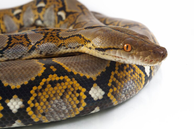Foto serpiente pitón reticulada aislado sobre fondo blanco.