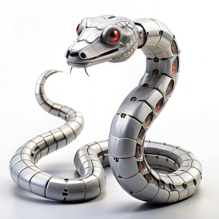 Foto serpiente plateada con ojos rojos en fondo blanco ia generativa