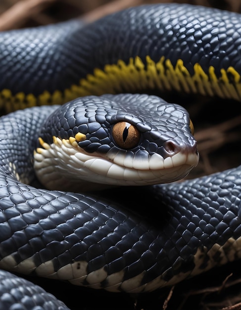 Una serpiente probablemente una especie venenosa con su cabeza y escamas visibles