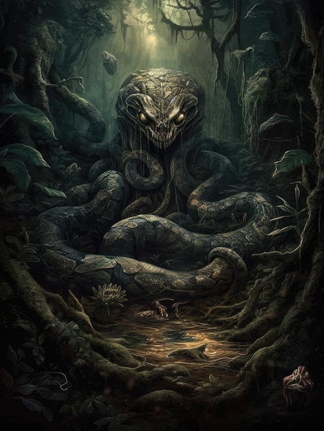 serpiente reina épica oscura fantasía ilustración horror paisaje magia reunión horror épico atmosférico