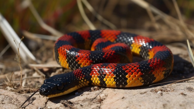 Una serpiente roja, amarilla y negra yace sobre una roca.