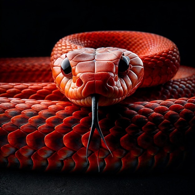 una serpiente roja con manchas negras en su cara y un fondo negro