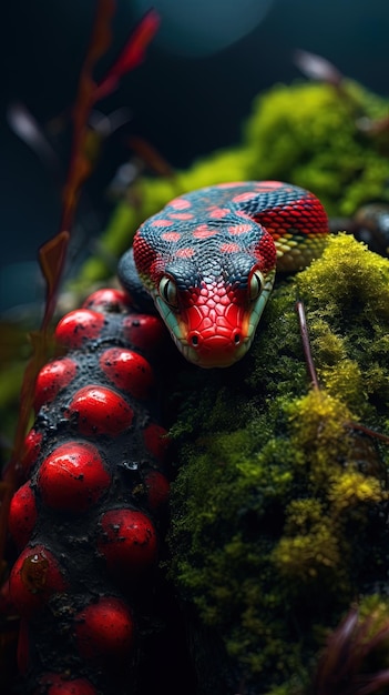 una serpiente roja y negra con manchas rojas en la cabeza