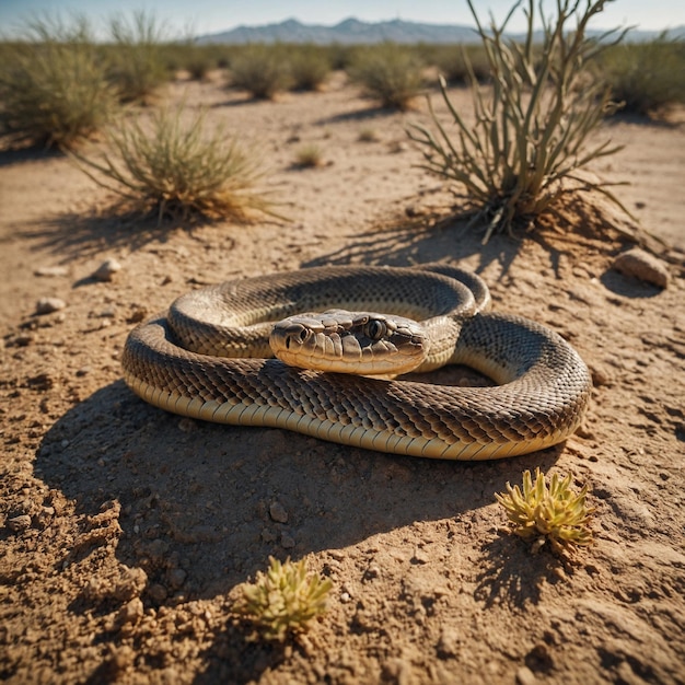 Foto una serpiente con una serpiente en la cabeza está acostada en la tierra