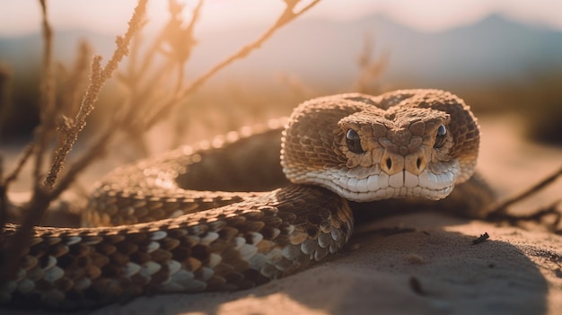 Una serpiente se sienta en una roca en el desierto.