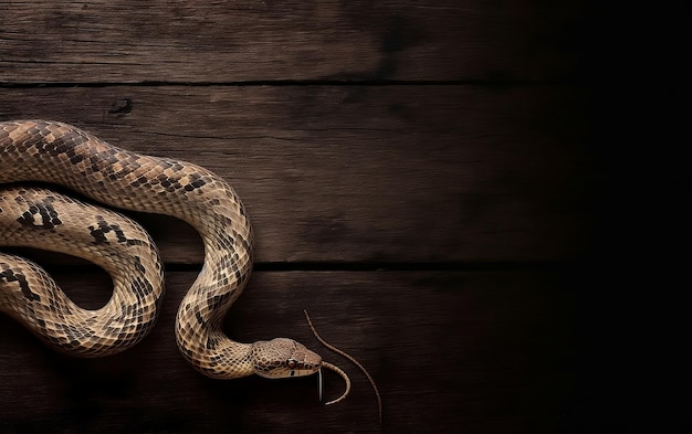 Una serpiente sobre una superficie de madera con un fondo oscuro