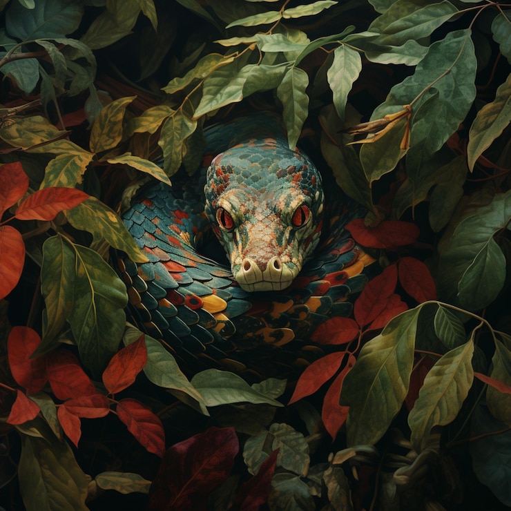 Serpiente venenosa camuflada entre las hojas