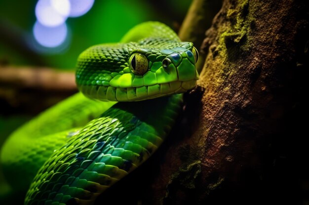 Foto serpiente venenosa verde en el árbol