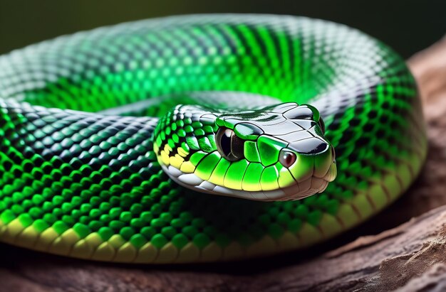 Una serpiente venenosa verde brillante acurrucada en un anillo