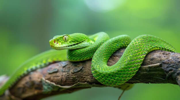 Serpiente verde enrollada en una rama de árbol en el bosque