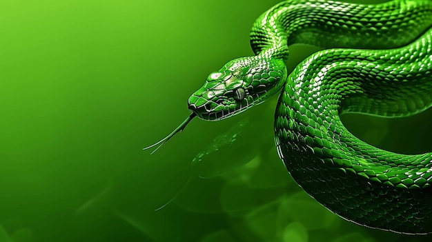 Foto una serpiente verde con una lengua bifurcada saliendo de su boca el cuerpo de la serpiente está cubierto de escamas brillantes y sus ojos son de un verde oscuro profundo