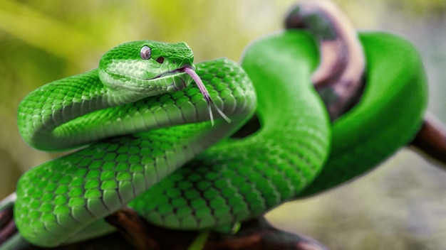 Una serpiente verde con una lengua rosa que sobresale de su boca.