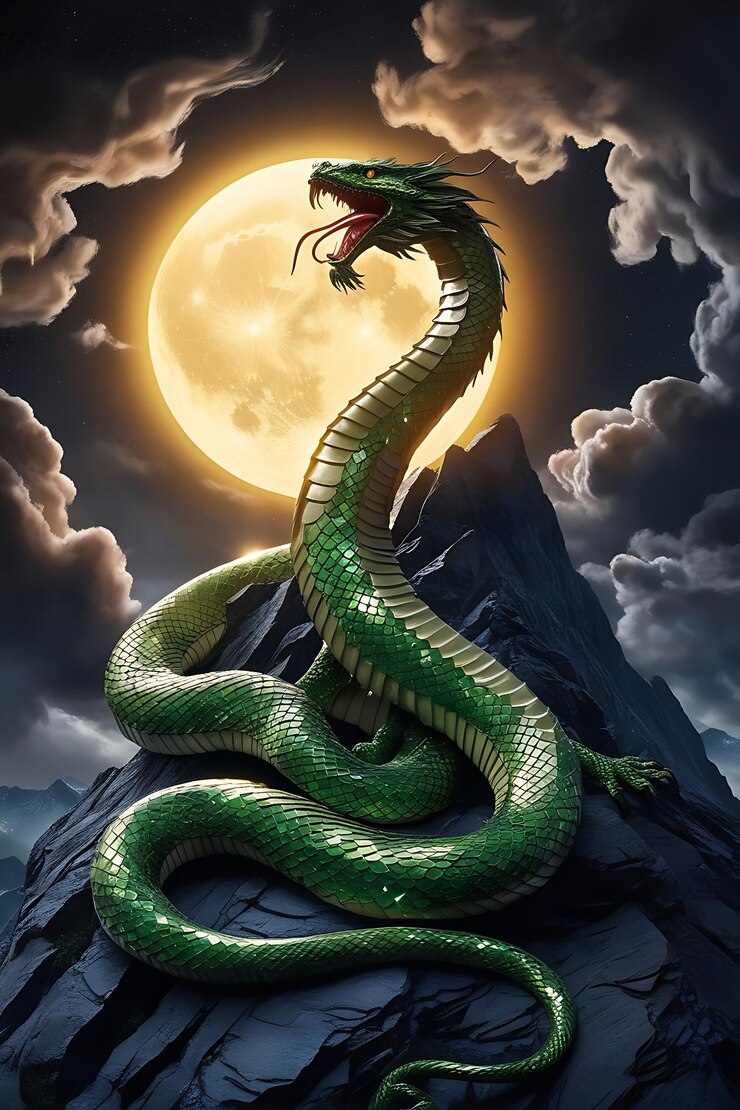 una serpiente verde con una luna llena detrás de ella