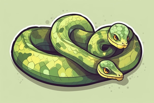 Una serpiente verde con ojos amarillos y un patrón verde en el frente.