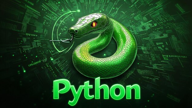 Una serpiente verde con ojos rojos envuelve la palabra Python en un fondo digital verde