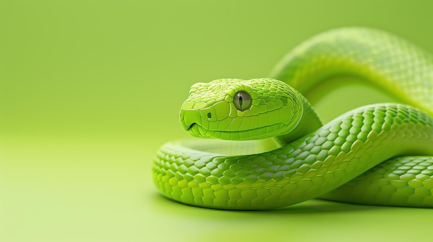 Una serpiente verde con una postura llamativa lista para atacar tiene un color verde vibrante y una mirada amenazante en sus ojos