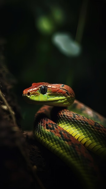 Una serpiente verde con rayas rojas y verdes es fotografiada en un árbol.