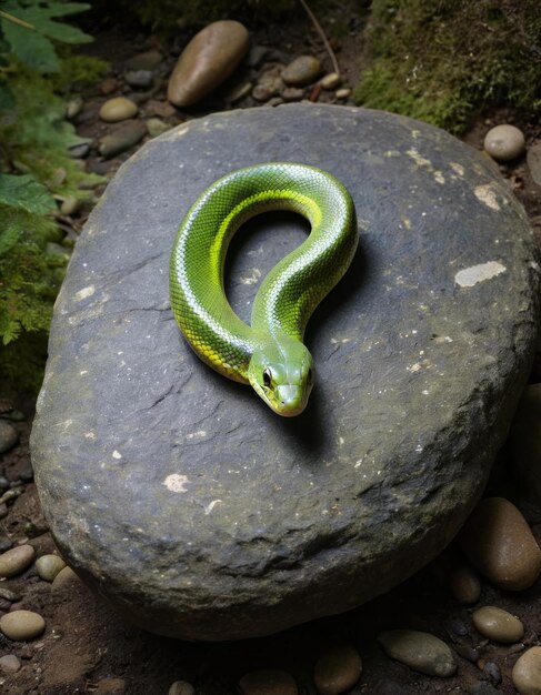 Una serpiente verde en una roca con una serpiente en ella