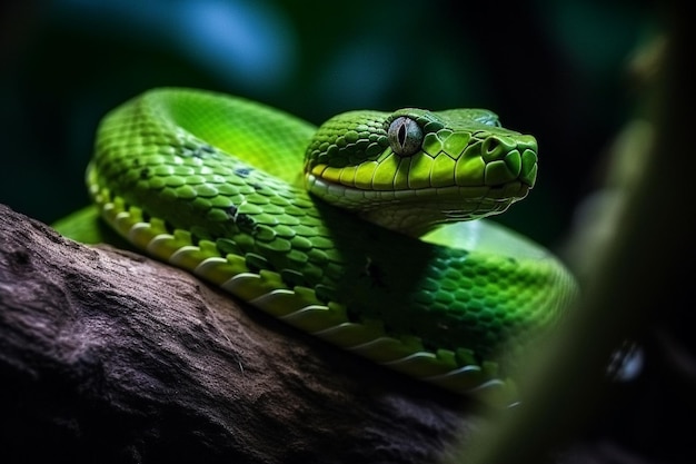 Una serpiente verde se sienta en una rama