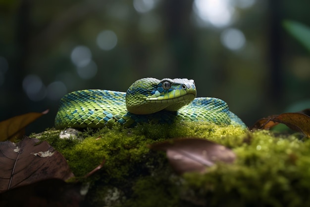 Serpiente víbora de arbusto en una imagen fotorrealista generada por una red neuronal de madera caída cubierta de musgo