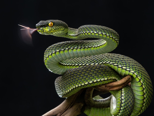 Serpiente víbora verde en primer plano y detalle