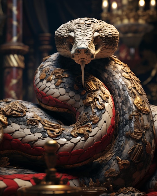 Una serpiente Viper de alfombra sentada en el piso de un palacio con la cabeza alta generada por la IA