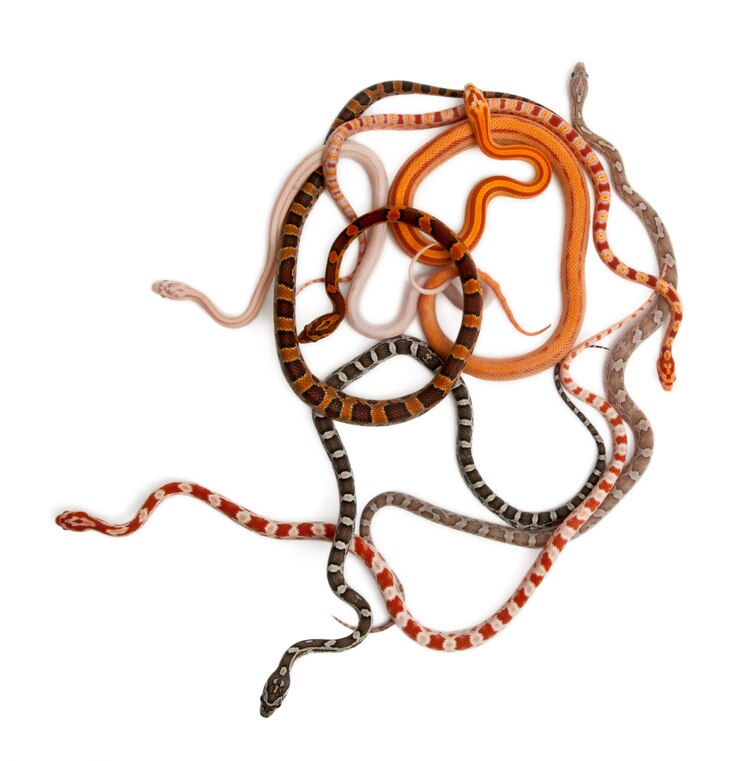 Foto serpientes de maíz sin escamas, pantherophis guttatus, delante de un fondo blanco
