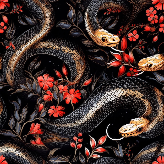 Serpientes negras Patrón de fantasía mágica sin costuras con serpientes y dragones Escalas