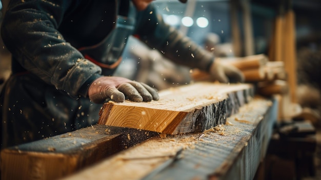 Foto serrador no trabalho usando luvas de proteção no trabalho com fundo de tábua de madeira