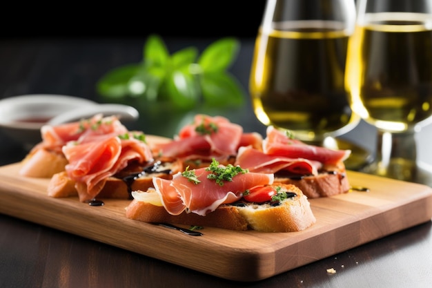 Foto serrano-schinken-bruschetta mit einem schuss olivenöl