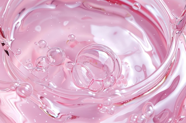 Serum de belleza rosado con textura de gel y fondo de burbujas