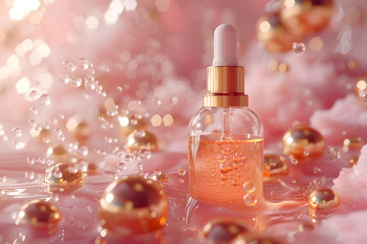 Serum de lujo en un escenario rosado de ensueño con burbujas y acentos dorados