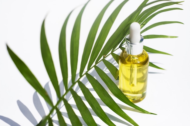 Serum oder pflegeölflasche palmblatt auf weißem hintergrund gesichts- und körperpflegekonzept aromatherapie ätherisches öl