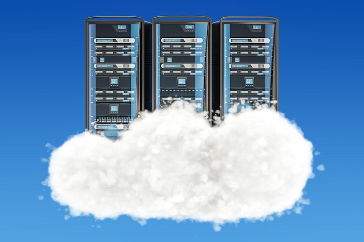 Foto server-racks mit wolken-3d-rendering
