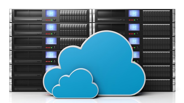 Server-Racks mit Wolkensymbolen isoliert auf weißem Hintergrund